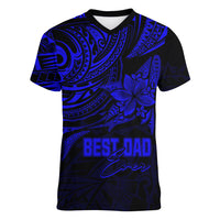 Personalised Father's Day Polynesian Women V Neck T Shirt Best Dad Ever - Blue - Wonder Print Shop