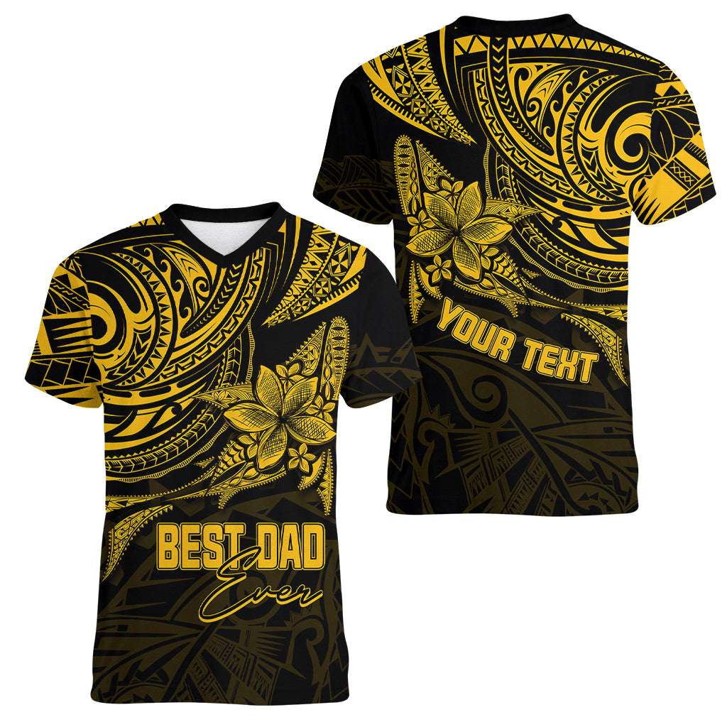 Personalised Father's Day Polynesian Women V Neck T Shirt Best Dad Ever - Gold - Wonder Print Shop