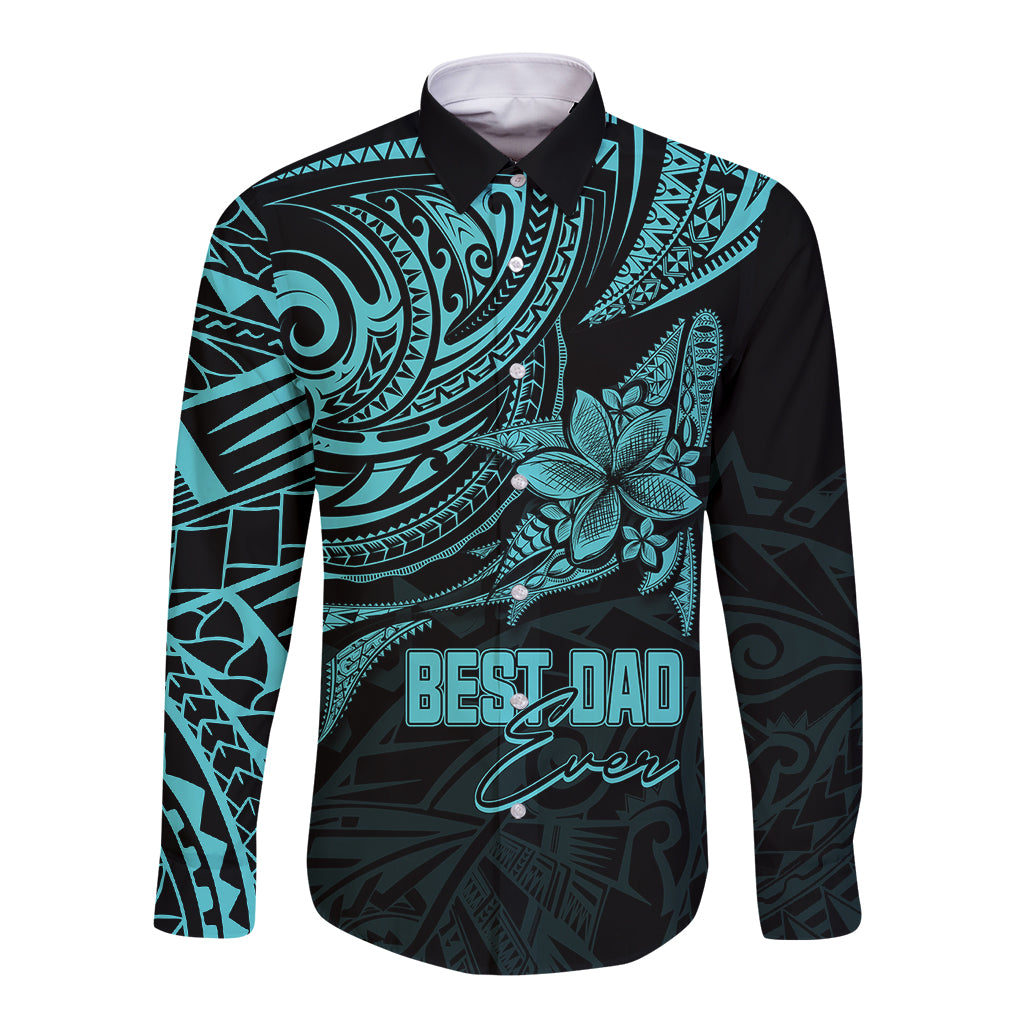 Personalised Father's Day Polynesian Long Sleeve Button Shirt Best Dad Ever - Turquoise - Wonder Print Shop