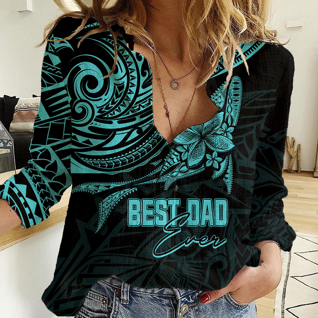 Personalised Father's Day Polynesian Women Casual Shirt Best Dad Ever - Turquoise - Wonder Print Shop
