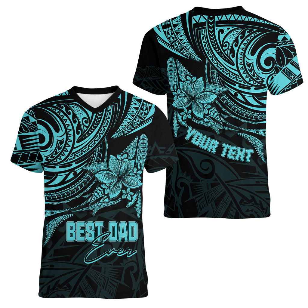 Personalised Father's Day Polynesian Women V Neck T Shirt Best Dad Ever - Turquoise - Wonder Print Shop