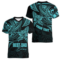 Personalised Father's Day Polynesian Women V Neck T Shirt Best Dad Ever - Turquoise - Wonder Print Shop