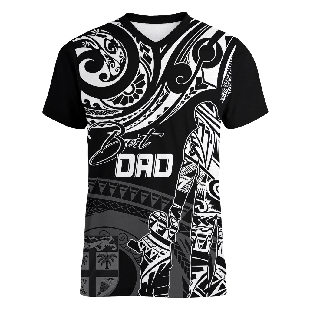 Personalised Father's Day Fiji Women V Neck T Shirt Polynesian Dad & Kid - Wonder Print Shop