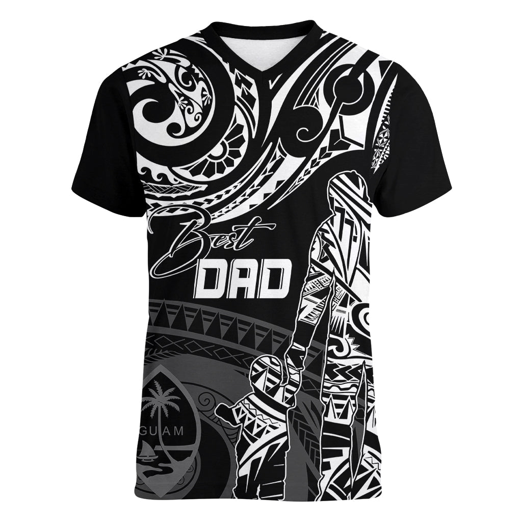 Personalised Father's Day Guam Women V Neck T Shirt Polynesian Dad & Kid - Wonder Print Shop