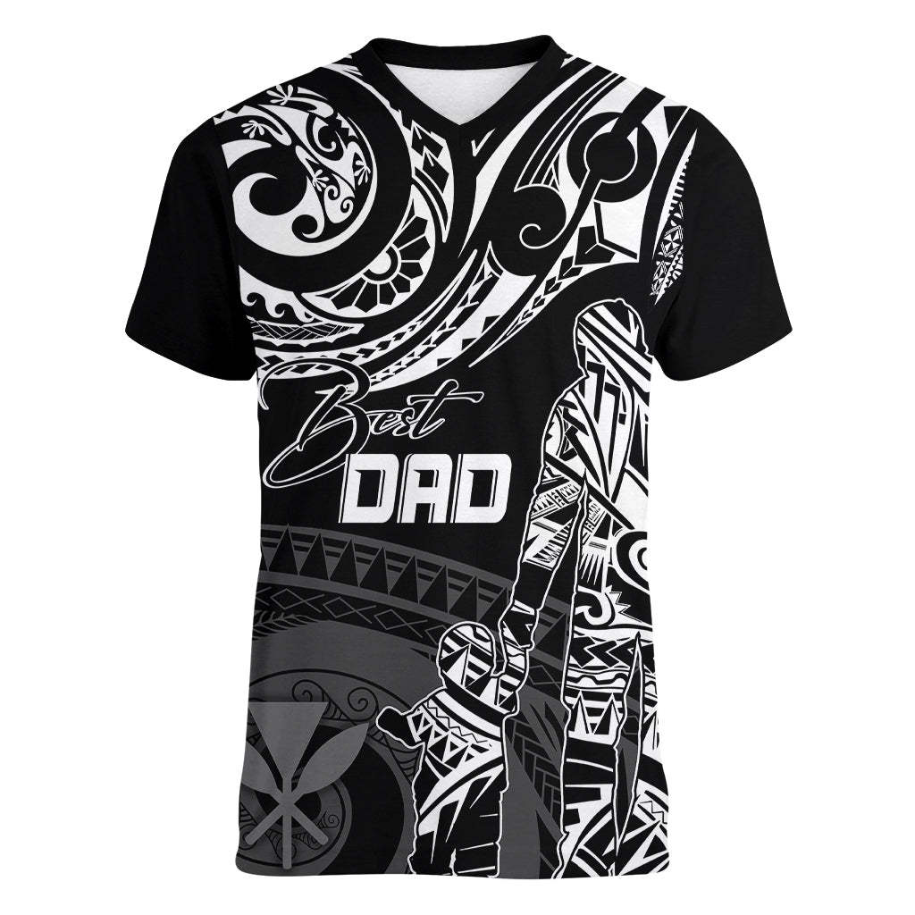 Personalised Father's Day Kanaka Hawaii Women V Neck T Shirt Polynesian Dad & Kid - Wonder Print Shop