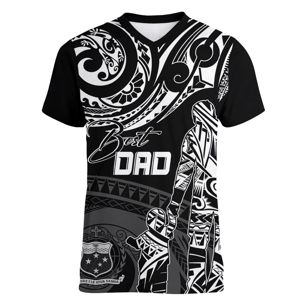 Personalised Father's Day Samoa Women V Neck T Shirt Polynesian Dad & Kid - Wonder Print Shop