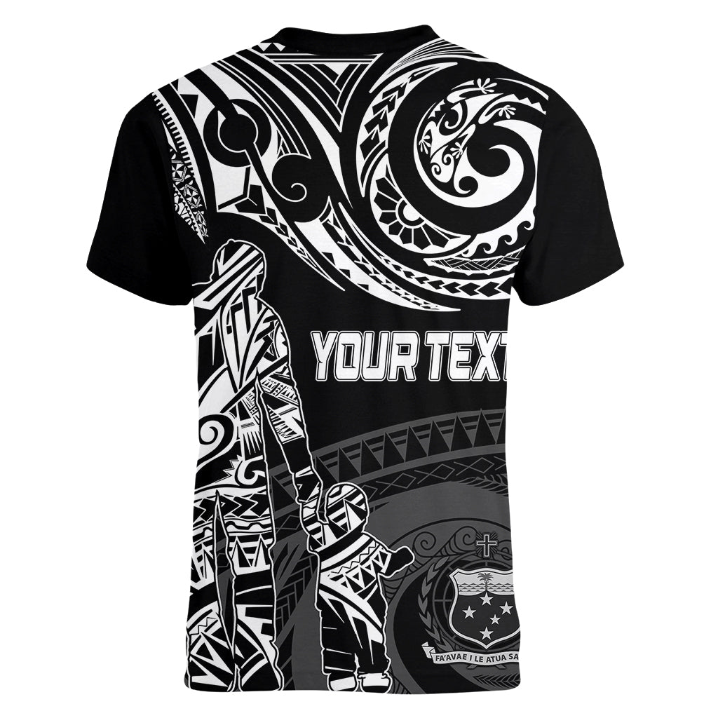 Personalised Father's Day Samoa Women V Neck T Shirt Polynesian Dad & Kid - Wonder Print Shop