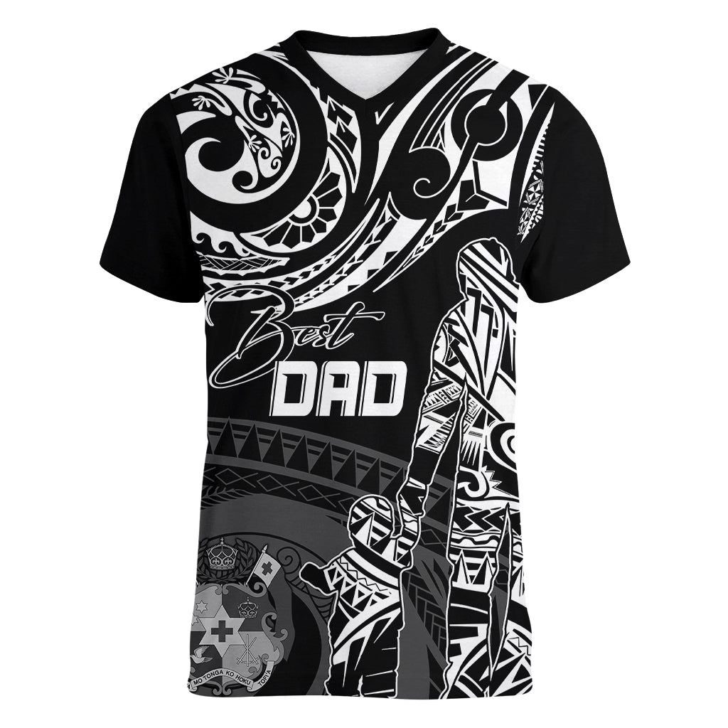 Personalised Father's Day Tonga Women V Neck T Shirt Polynesian Dad & Kid - Wonder Print Shop
