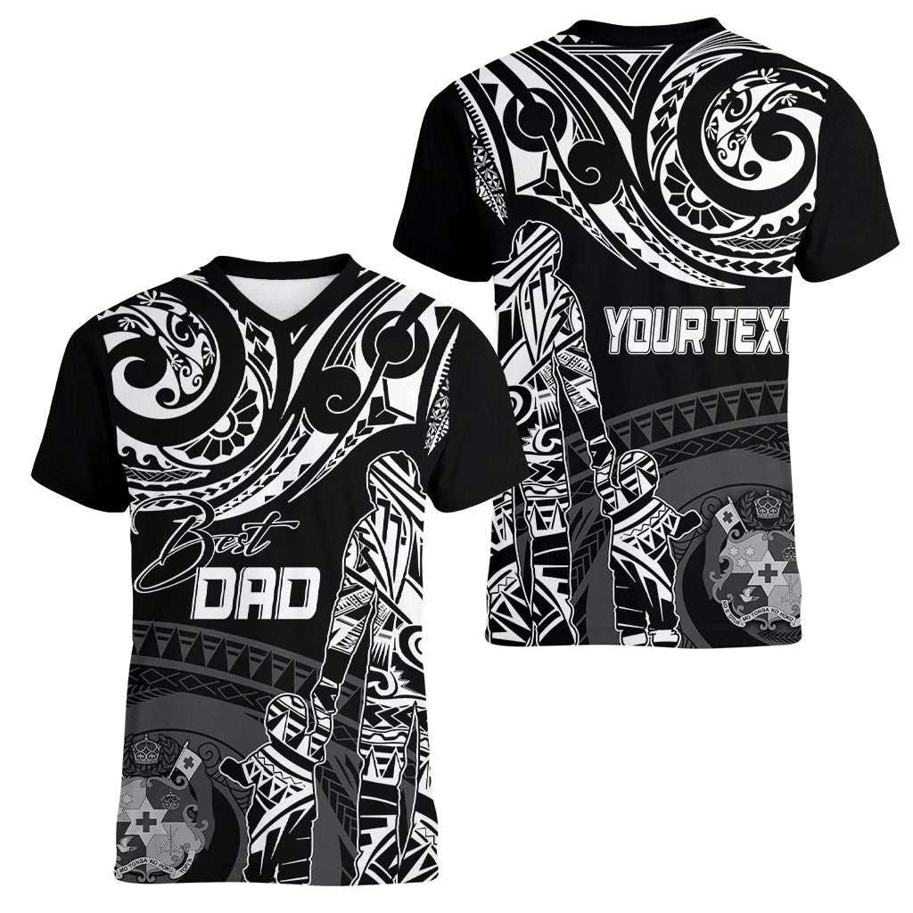 Personalised Father's Day Tonga Women V Neck T Shirt Polynesian Dad & Kid - Wonder Print Shop