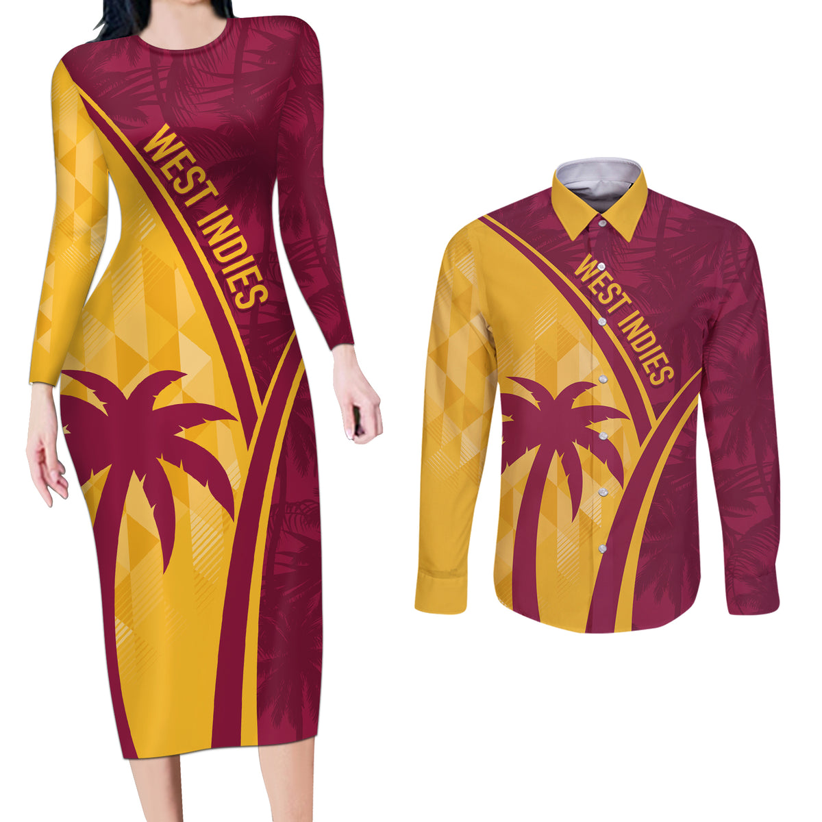 West Indies Cricket World Cup 2024 Couples Matching Long Sleeve Bodycon Dress and Long Sleeve Button Shirt Tropical Style LT7 - Wonder Print Shop