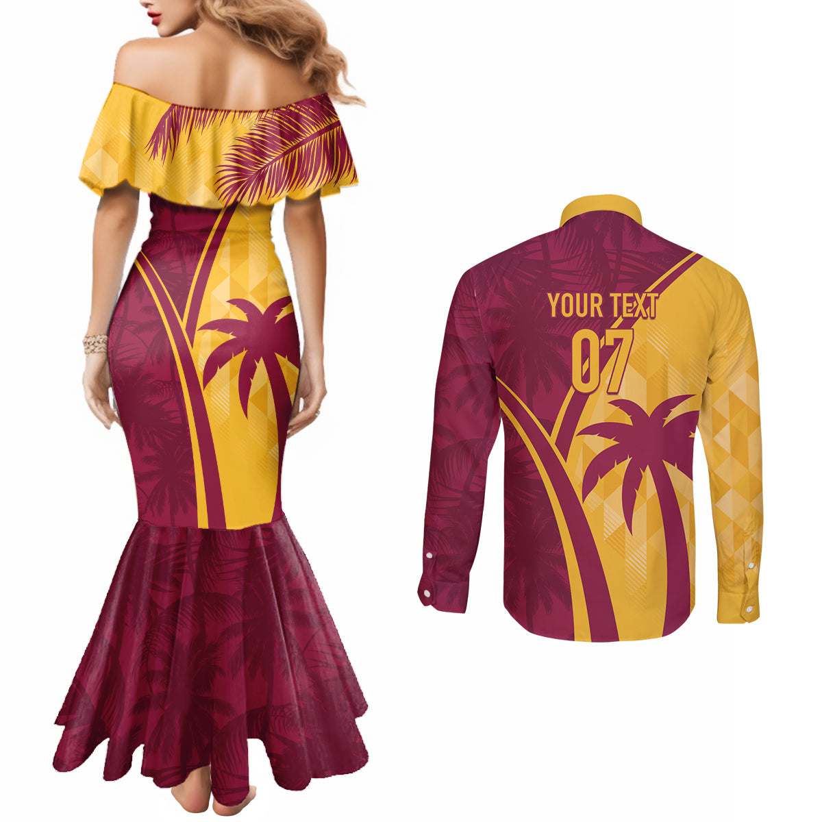 West Indies Cricket World Cup 2024 Couples Matching Mermaid Dress and Long Sleeve Button Shirt Tropical Style