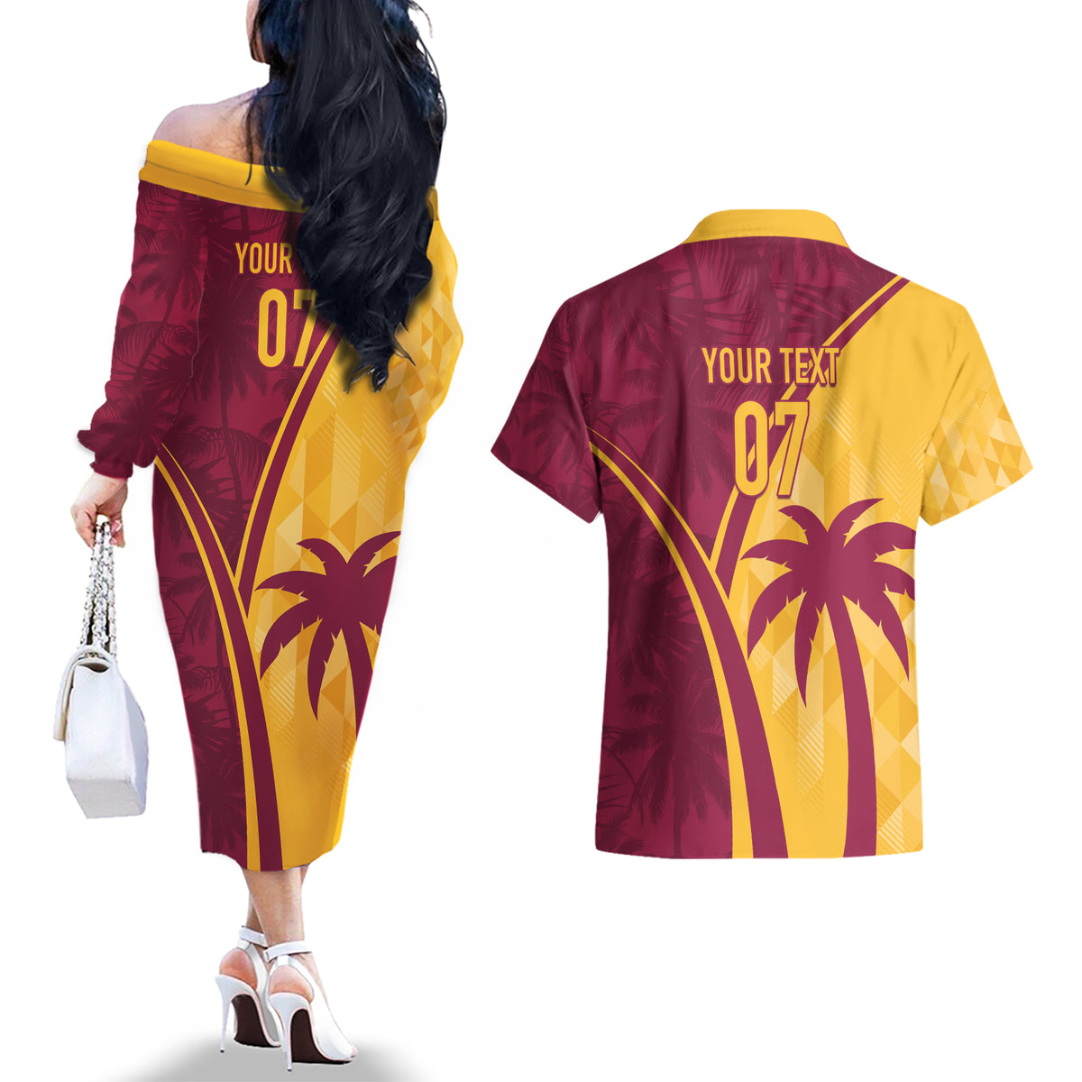West Indies Cricket World Cup 2024 Couples Matching Off The Shoulder Long Sleeve Dress and Hawaiian Shirt Tropical Style LT7 - Wonder Print Shop