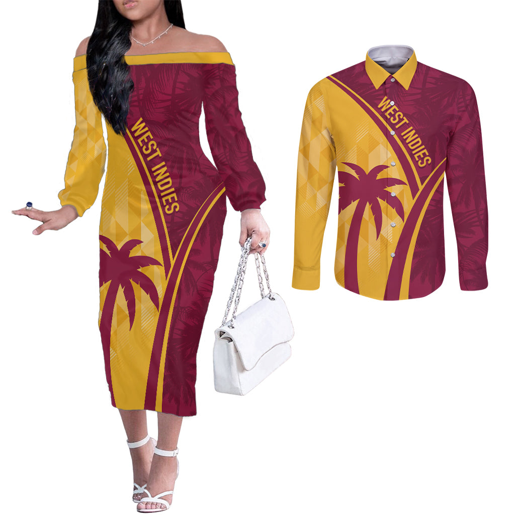 West Indies Cricket World Cup 2024 Couples Matching Off The Shoulder Long Sleeve Dress and Long Sleeve Button Shirt Tropical Style