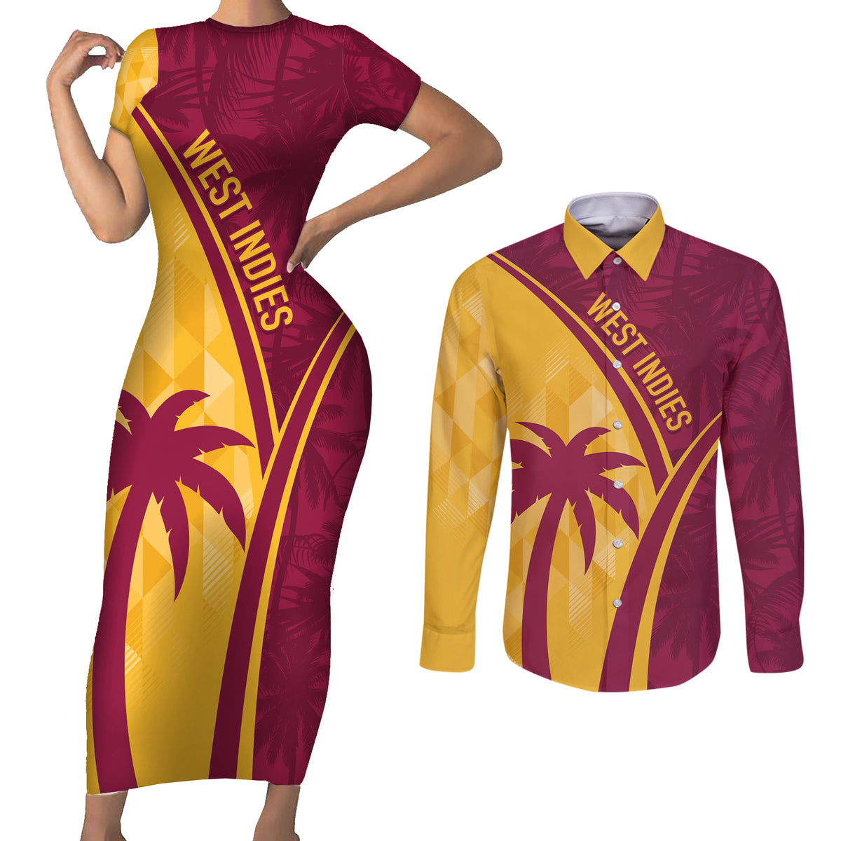 West Indies Cricket World Cup 2024 Couples Matching Short Sleeve Bodycon Dress and Long Sleeve Button Shirt Tropical Style LT7 - Wonder Print Shop