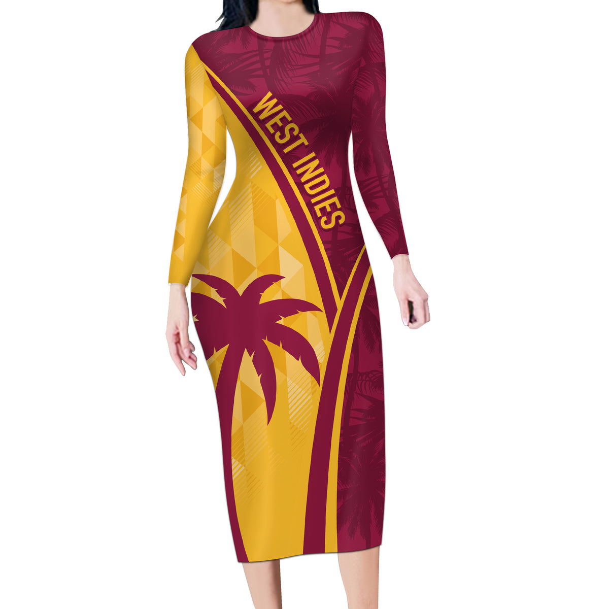 West Indies Cricket World Cup 2024 Long Sleeve Bodycon Dress Tropical Style - Wonder Print Shop