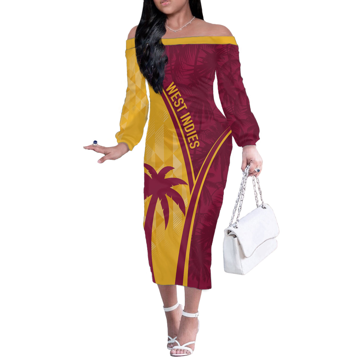 West Indies Cricket World Cup 2024 Off The Shoulder Long Sleeve Dress Tropical Style - Wonder Print Shop