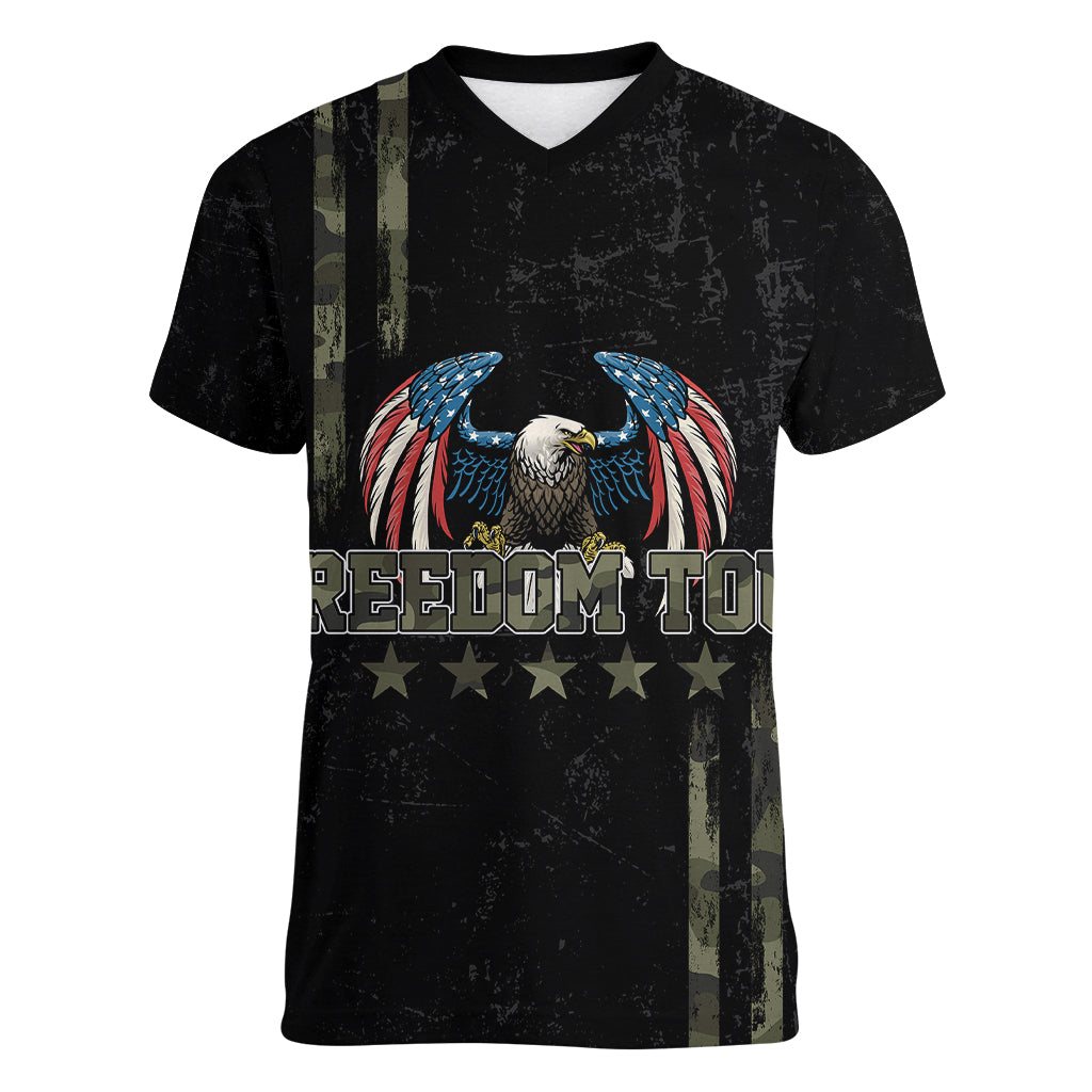 USA Bald Eagle Freedom Tour 1776 Born To Be Free Women V Neck T Shirt Camouflage Style - Wonder Print Shop
