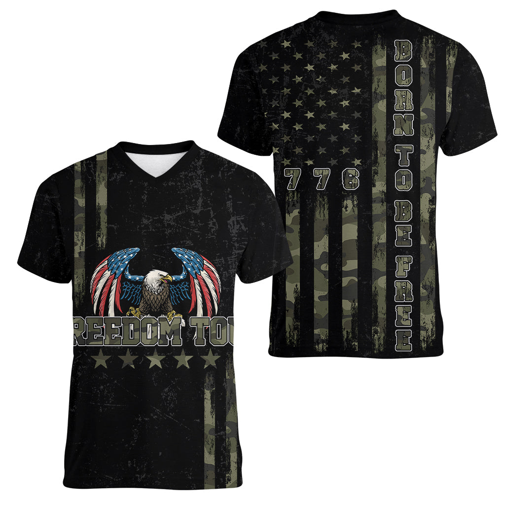 USA Bald Eagle Freedom Tour 1776 Born To Be Free Women V Neck T Shirt Camouflage Style - Wonder Print Shop