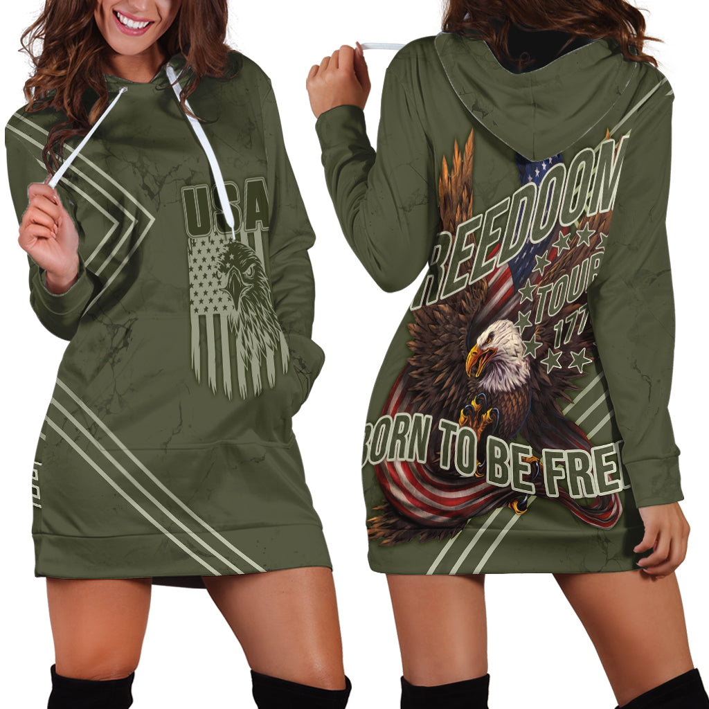 USA Bald Eagle Freedom Tour 1776 Born To Be Free Hoodie Dress Olive Grunge Style - Wonder Print Shop