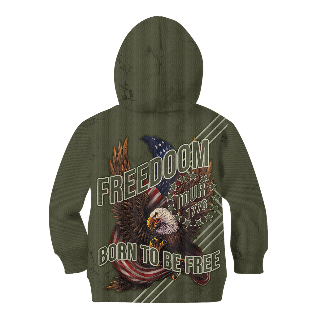 USA Bald Eagle Freedom Tour 1776 Born To Be Free Kid Hoodie Olive Grunge Style - Wonder Print Shop