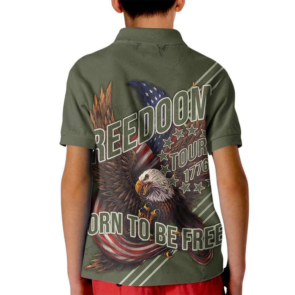 USA Bald Eagle Freedom Tour 1776 Born To Be Free Kid Polo Shirt Olive Grunge Style - Wonder Print Shop
