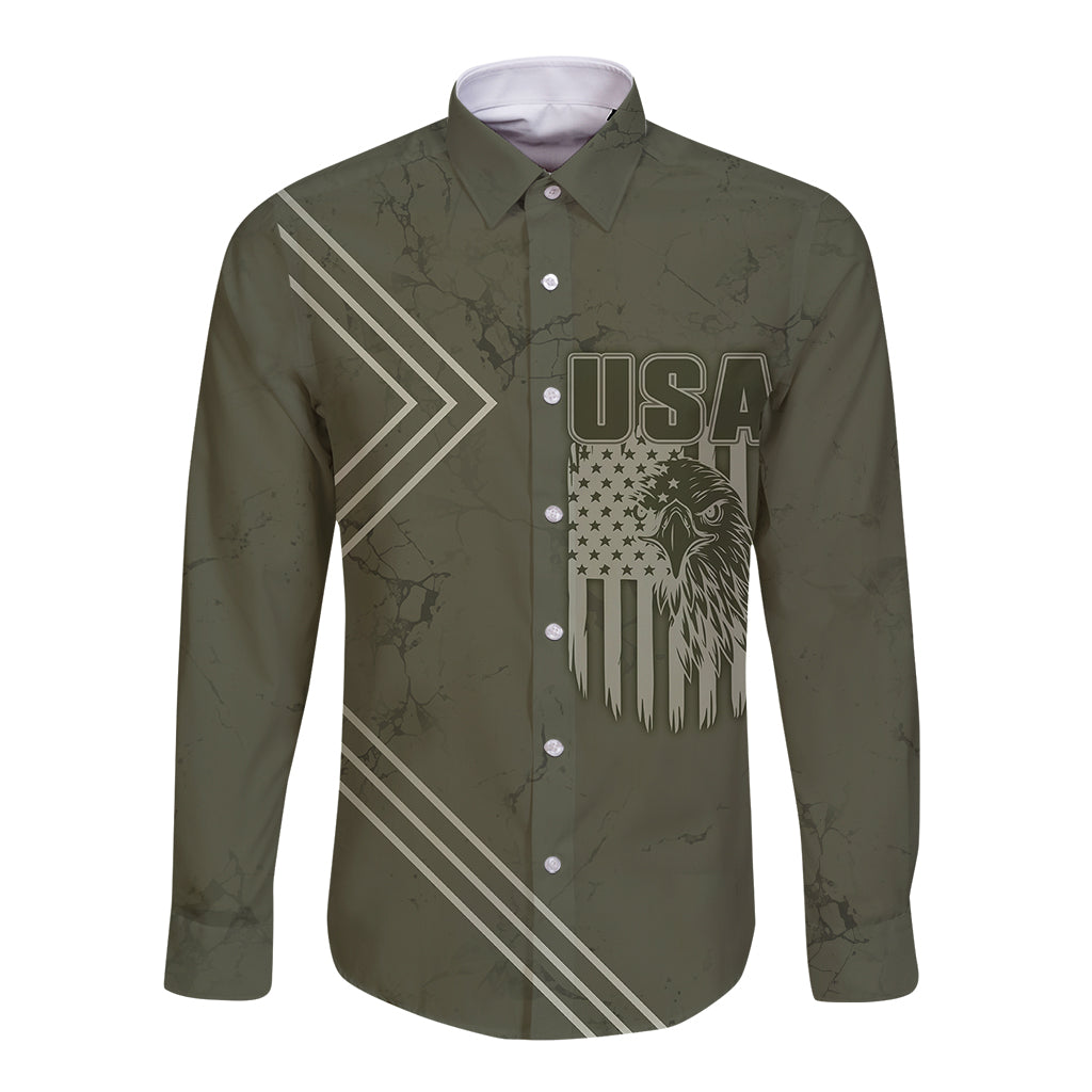 USA Bald Eagle Freedom Tour 1776 Born To Be Free Long Sleeve Button Shirt Olive Grunge Style - Wonder Print Shop