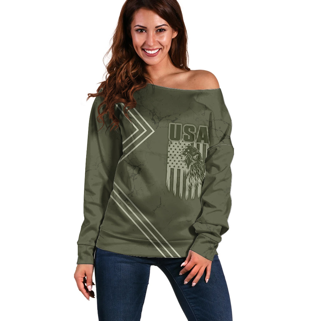USA Bald Eagle Freedom Tour 1776 Born To Be Free Off Shoulder Sweater Olive Grunge Style - Wonder Print Shop