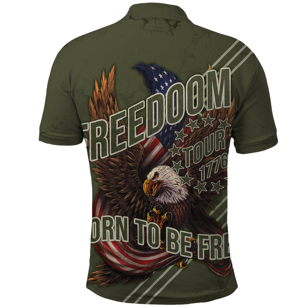 USA Bald Eagle Freedom Tour 1776 Born To Be Free Polo Shirt Olive Grunge Style - Wonder Print Shop