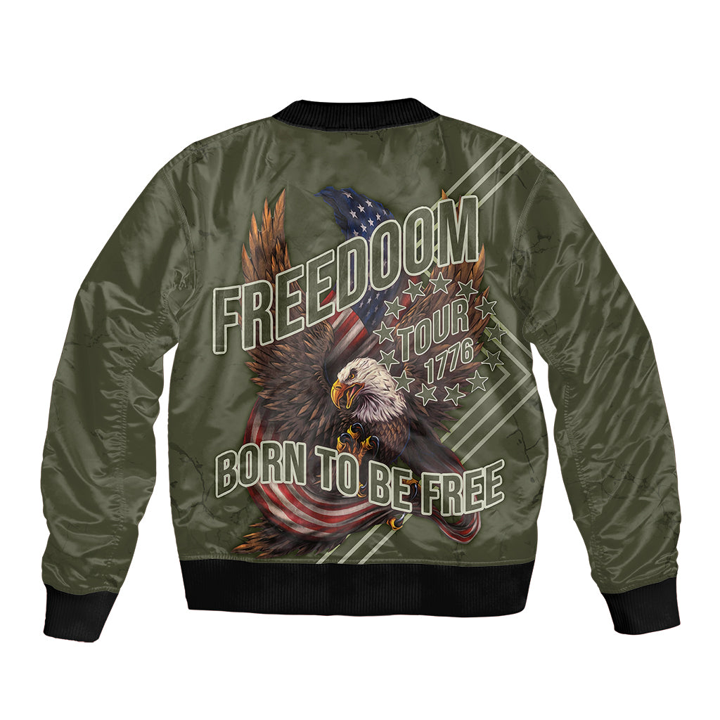 USA Bald Eagle Freedom Tour 1776 Born To Be Free Sleeve Zip Bomber Jacket Olive Grunge Style - Wonder Print Shop