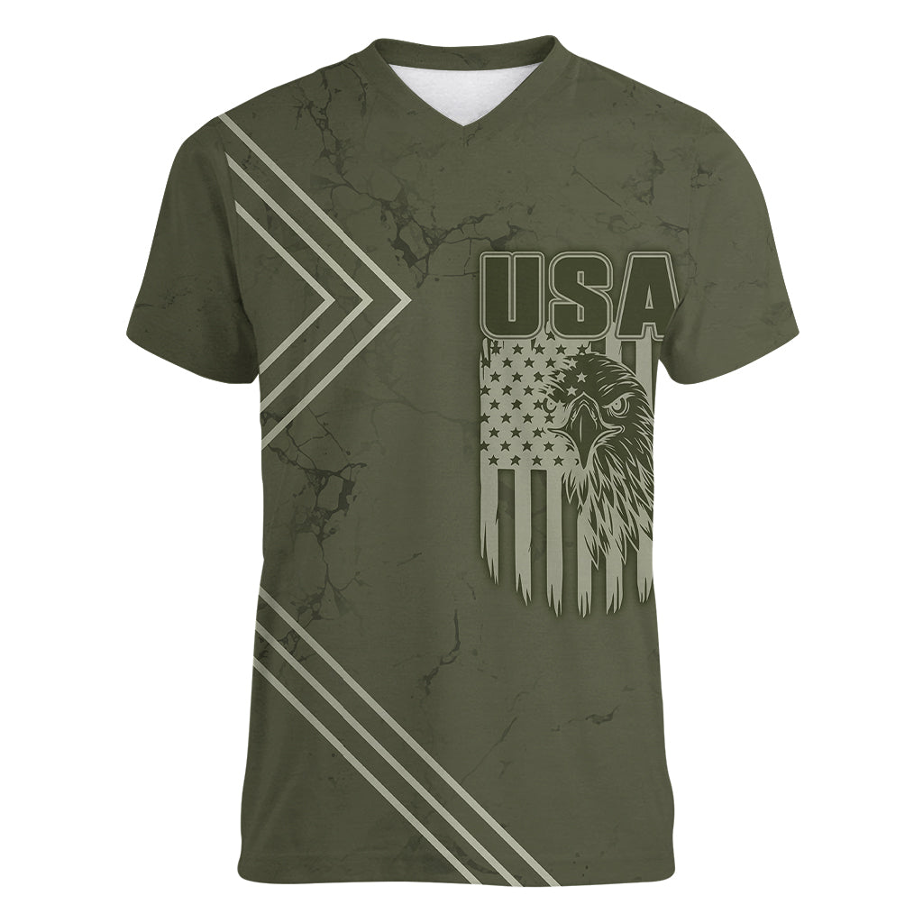 USA Bald Eagle Freedom Tour 1776 Born To Be Free Women V Neck T Shirt Olive Grunge Style - Wonder Print Shop