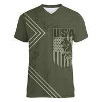 USA Bald Eagle Freedom Tour 1776 Born To Be Free Women V Neck T Shirt Olive Grunge Style - Wonder Print Shop