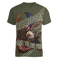 USA Bald Eagle Freedom Tour 1776 Born To Be Free Women V Neck T Shirt Olive Grunge Style - Wonder Print Shop