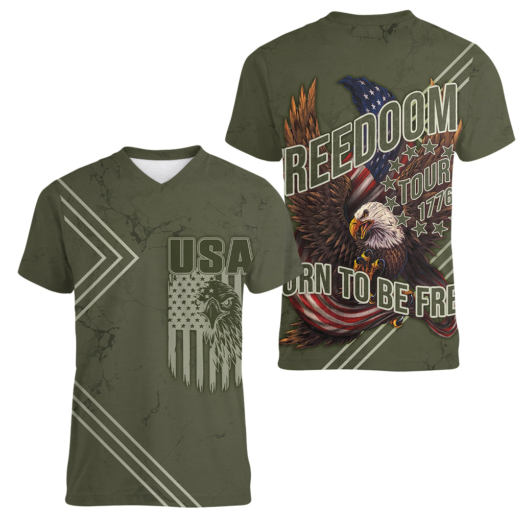 USA Bald Eagle Freedom Tour 1776 Born To Be Free Women V Neck T Shirt Olive Grunge Style - Wonder Print Shop