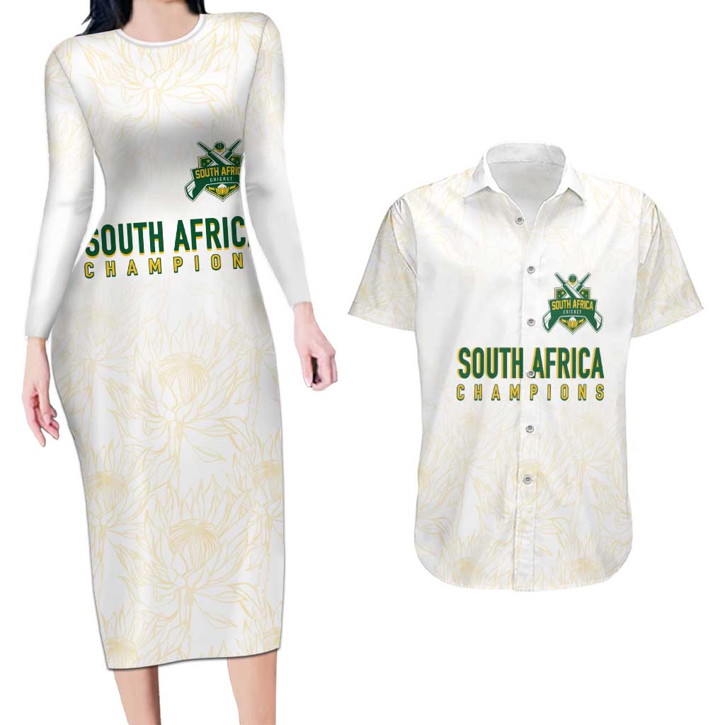 South Africa Cricket Champion Custom Couples Matching Long Sleeve Bodycon Dress and Hawaiian Shirt Gold Proteas - All White - Wonder Print Shop