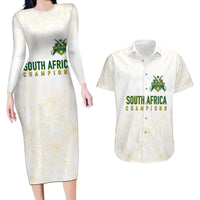 South Africa Cricket Champion Custom Couples Matching Long Sleeve Bodycon Dress and Hawaiian Shirt Gold Proteas - All White - Wonder Print Shop
