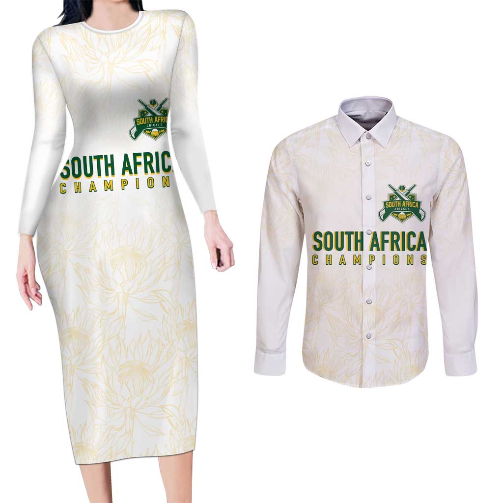 South Africa Cricket Champion Custom Couples Matching Long Sleeve Bodycon Dress and Long Sleeve Button Shirt Gold Proteas - All White - Wonder Print Shop