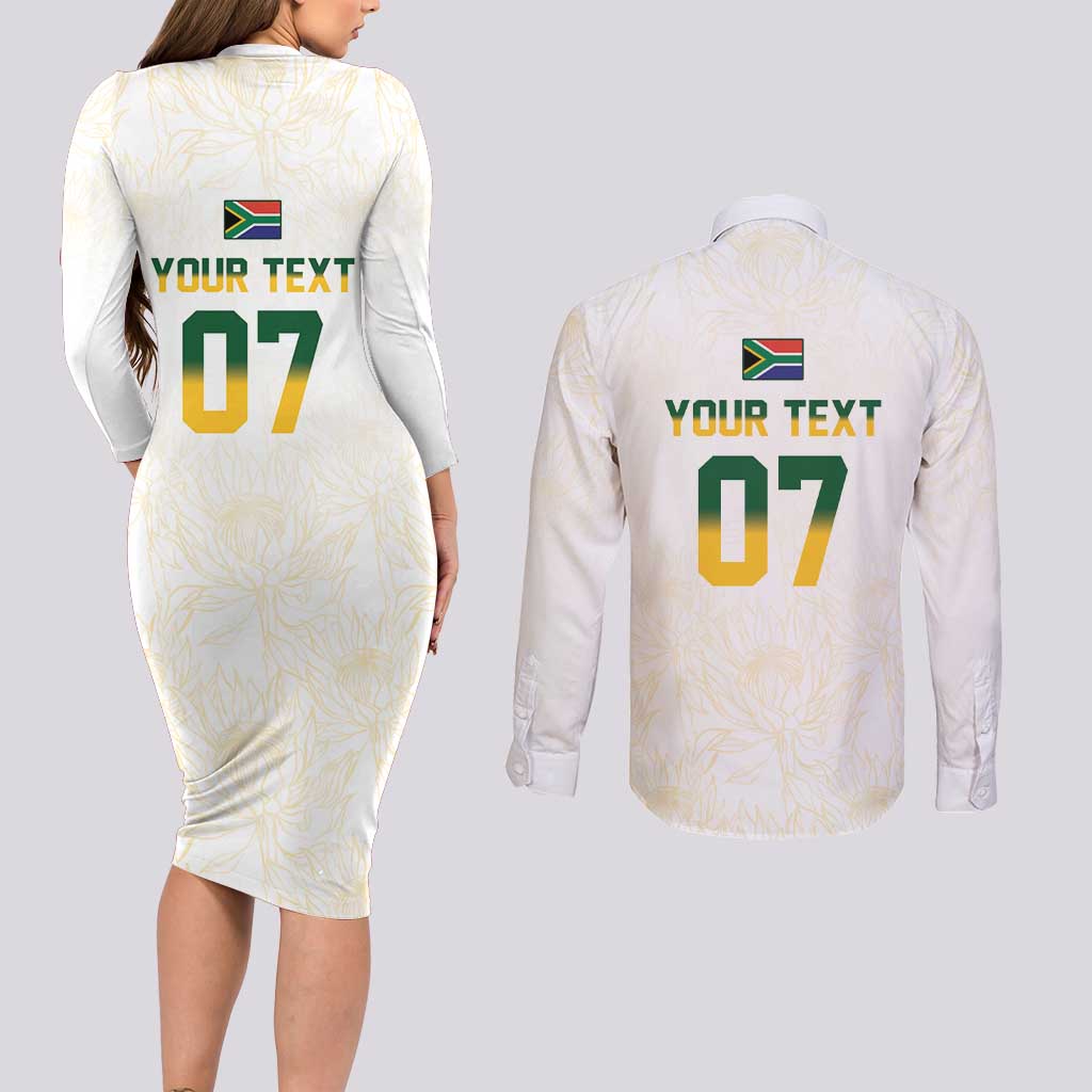 South Africa Cricket Champion Custom Couples Matching Long Sleeve Bodycon Dress and Long Sleeve Button Shirt Gold Proteas - All White - Wonder Print Shop