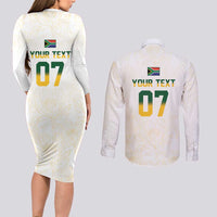 South Africa Cricket Champion Custom Couples Matching Long Sleeve Bodycon Dress and Long Sleeve Button Shirt Gold Proteas - All White - Wonder Print Shop