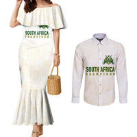 South Africa Cricket Champion Custom Couples Matching Mermaid Dress and Long Sleeve Button Shirt Gold Proteas - All White - Wonder Print Shop