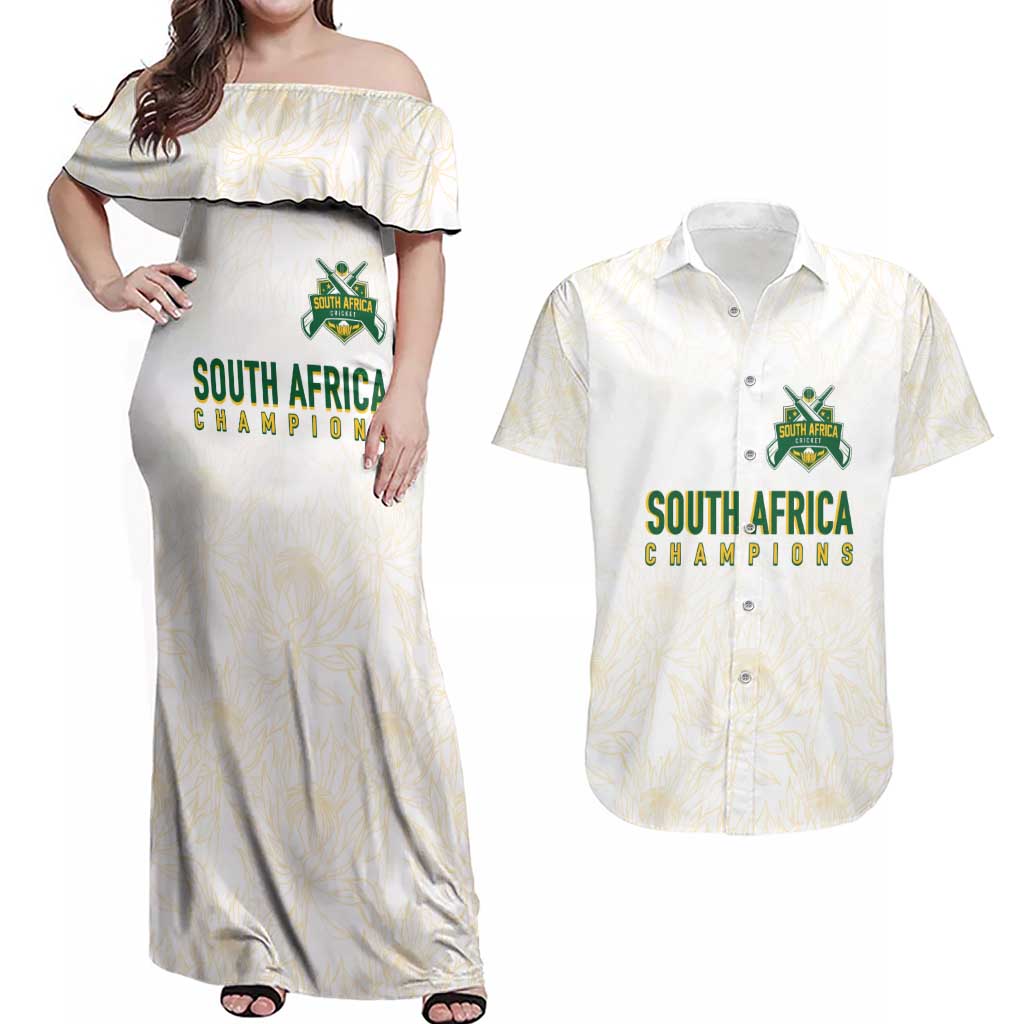 South Africa Cricket Champion Custom Couples Matching Off Shoulder Maxi Dress and Hawaiian Shirt Gold Proteas - All White - Wonder Print Shop