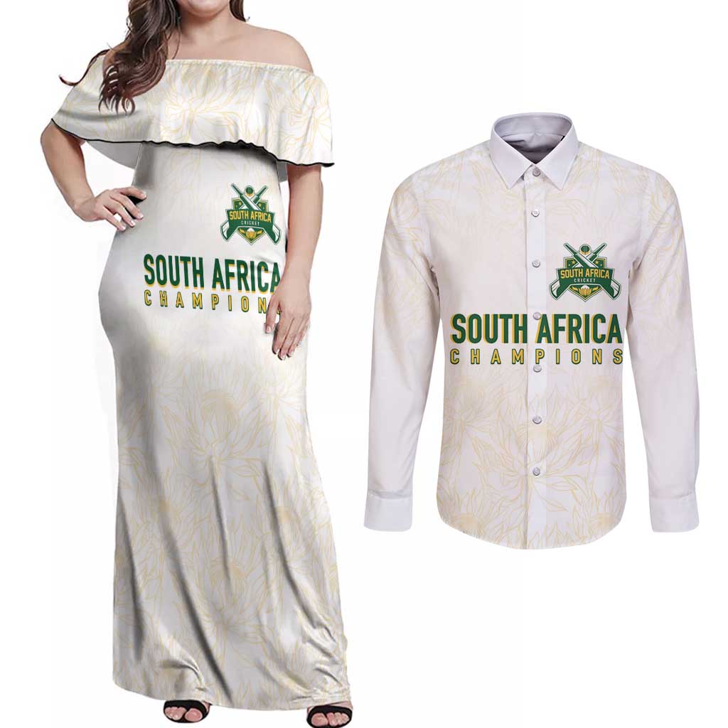 South Africa Cricket Champion Custom Couples Matching Off Shoulder Maxi Dress and Long Sleeve Button Shirt Gold Proteas - All White - Wonder Print Shop
