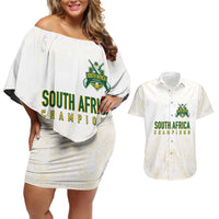 South Africa Cricket Champion Custom Couples Matching Off Shoulder Short Dress and Hawaiian Shirt Gold Proteas - All White - Wonder Print Shop