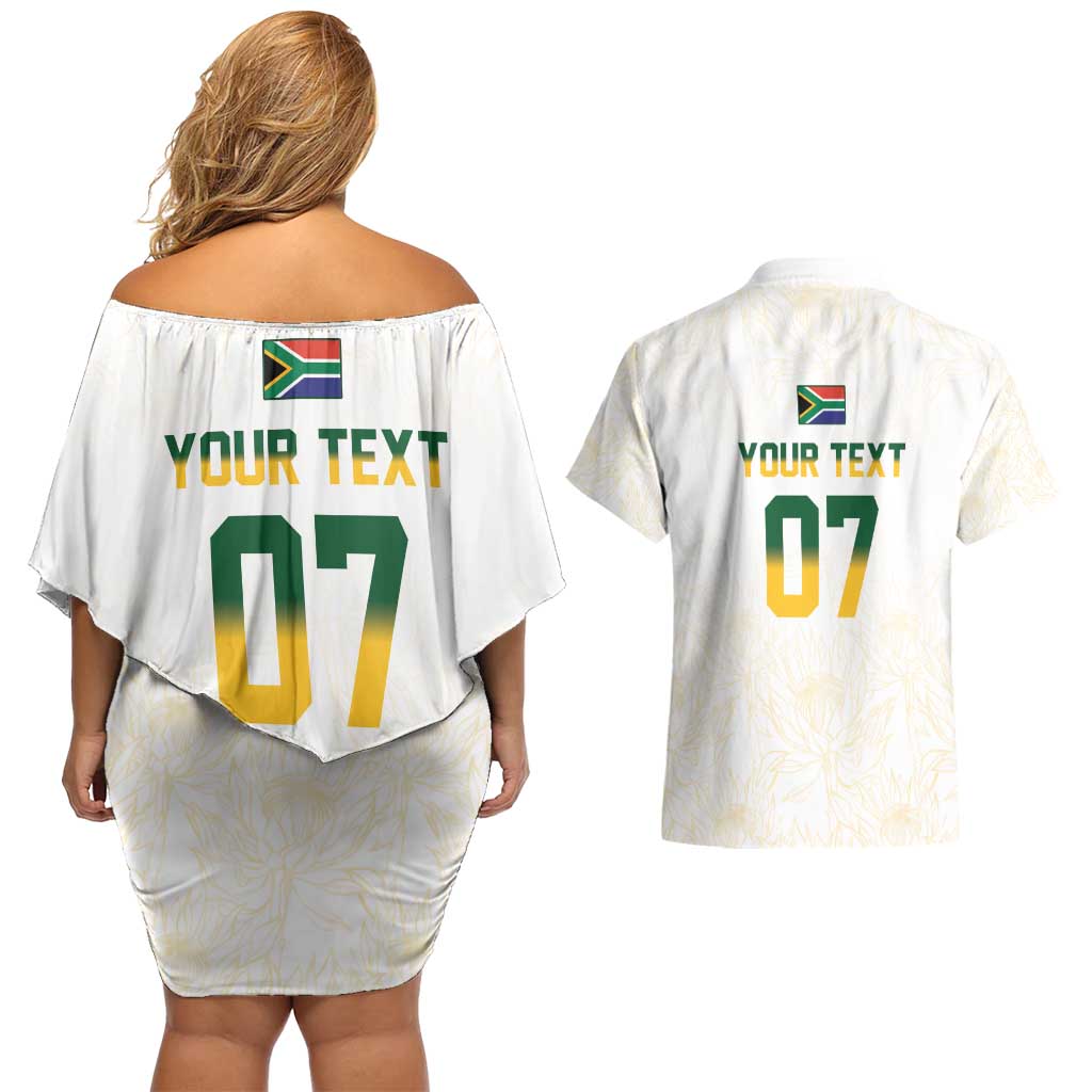 South Africa Cricket Champion Custom Couples Matching Off Shoulder Short Dress and Hawaiian Shirt Gold Proteas - All White - Wonder Print Shop