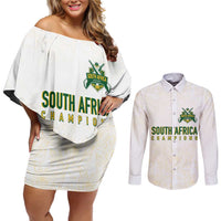 South Africa Cricket Champion Custom Couples Matching Off Shoulder Short Dress and Long Sleeve Button Shirt Gold Proteas - All White - Wonder Print Shop
