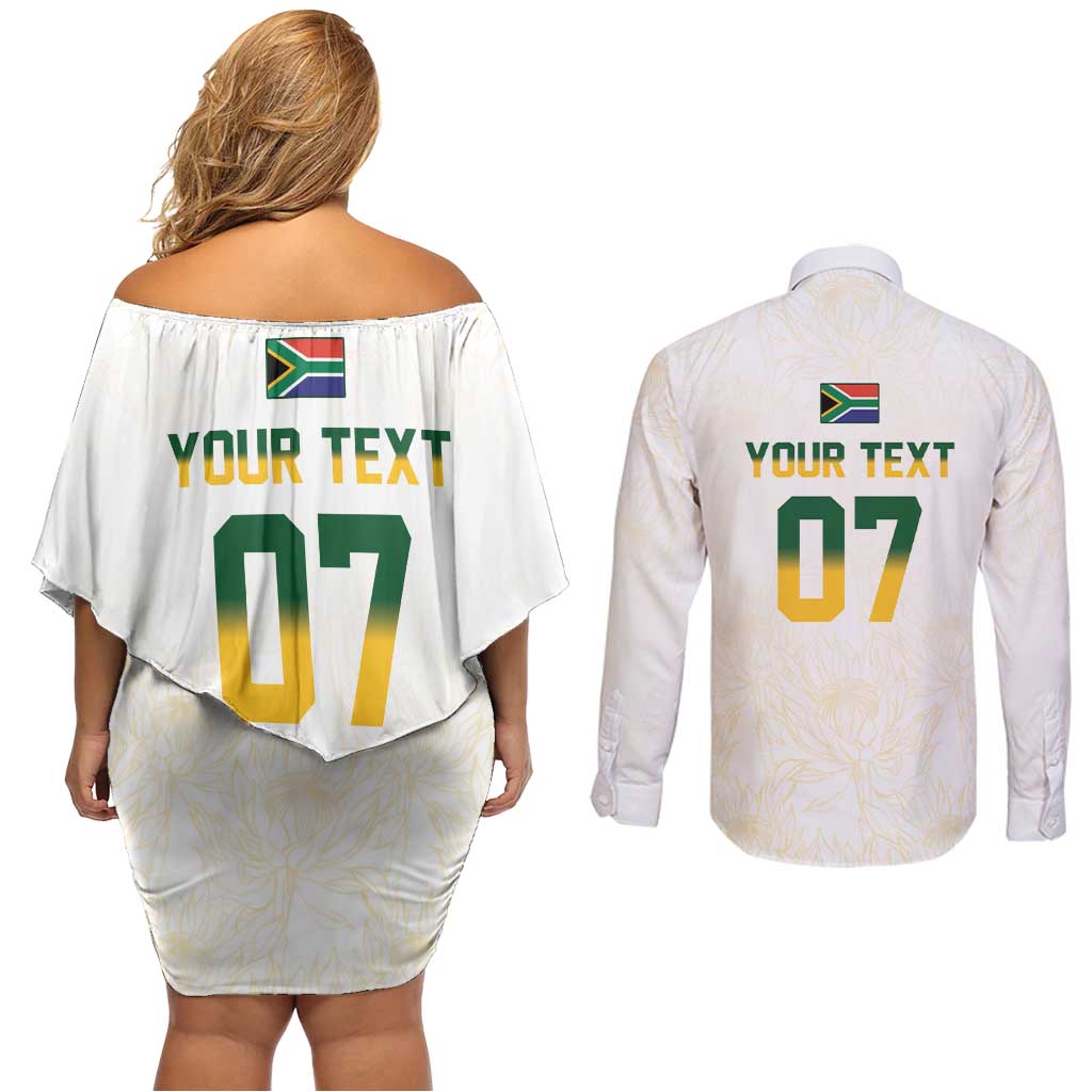 South Africa Cricket Champion Custom Couples Matching Off Shoulder Short Dress and Long Sleeve Button Shirt Gold Proteas - All White - Wonder Print Shop