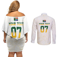 South Africa Cricket Champion Custom Couples Matching Off Shoulder Short Dress and Long Sleeve Button Shirt Gold Proteas - All White - Wonder Print Shop