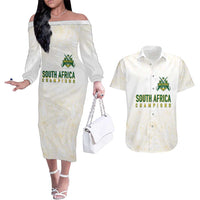 South Africa Cricket Champion Custom Couples Matching Off The Shoulder Long Sleeve Dress and Hawaiian Shirt Gold Proteas - All White - Wonder Print Shop