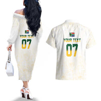 South Africa Cricket Champion Custom Couples Matching Off The Shoulder Long Sleeve Dress and Hawaiian Shirt Gold Proteas - All White - Wonder Print Shop