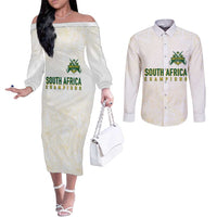 South Africa Cricket Champion Custom Couples Matching Off The Shoulder Long Sleeve Dress and Long Sleeve Button Shirt Gold Proteas - All White - Wonder Print Shop