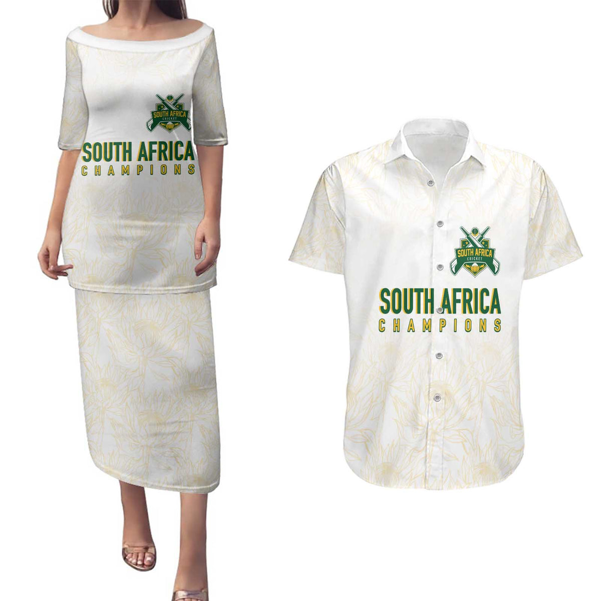 South Africa Cricket Champion Custom Couples Matching Puletasi and Hawaiian Shirt Gold Proteas - All White - Wonder Print Shop